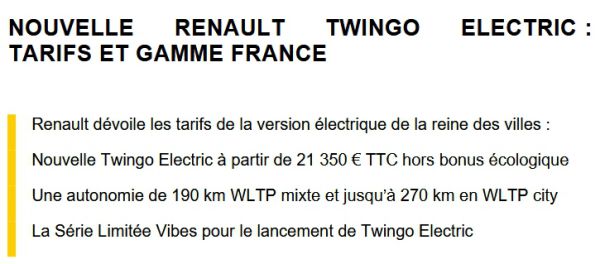 Extrait du communiqué de presse Renault sur la Twingo Electric : tarifs et gamme France (1 sur 3).