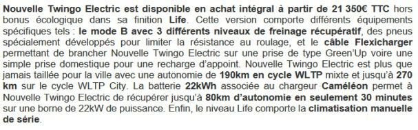 Extrait du communiqué de presse Renault sur la Twingo Electric (2 sur 3).